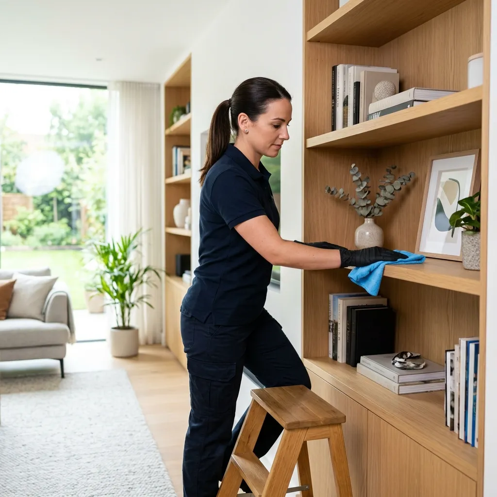 A Zerago cleaner dusting shelves in a living room